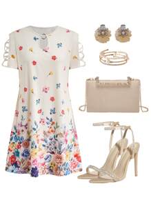 SHEIN Clasi Floral Pattern Lace Short Sleeve Summer Dress Mother Day Dress - Multicolor - View 3