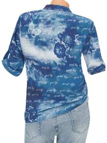 SHEIN LUNE Women's Fashionable Summer Printed Notched V Neck Short Sleeve Blouse - Blue - View 2