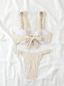 SHEIN Swim Bộ bikini xẻ cao có nút hoa phía trước dành cho nữ, hoàn hảo cho kỳ nghỉ ở bãi biển mùa hè - Màu be - Xem 7