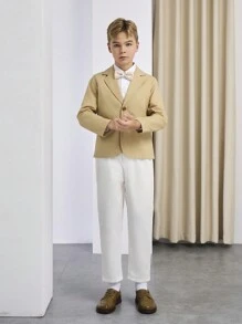 2 Stücke Set mit hübscher Khaki-Anzugjacke und weißer Hose für Tween Jungen, geeignet für Geburtstage, Hochzeitstage, Teenager, Business-Partys, Shows, Frühlings- und Herbst-Herren-Outfit