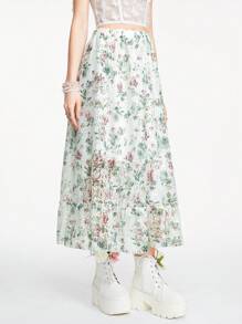 ROMWE Fairycore Lace Flower Printed Big A-Line Mid-Length Women's Skirt - White - View 4