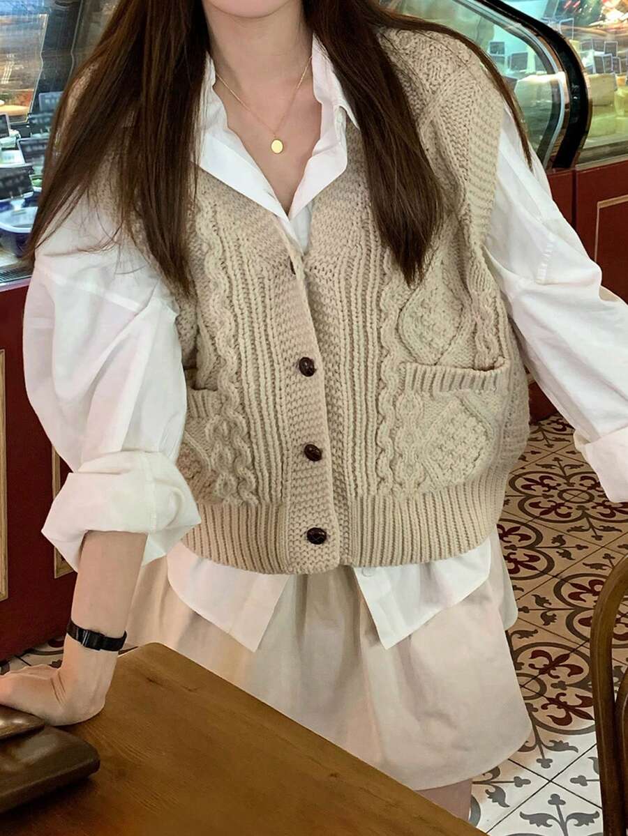 Solid Color Front Button Decor Pocket Textured Knit Cardigan Vest - Apricot - View 1
