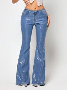 Calça Denim Flare de Cintura Baixa Fashionável para Mulheres com Técnicas Especiais, Denim Flare Skinny - Lavagem Média - Visão 7