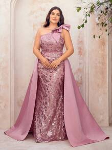 SHEIN X Izzy Darnell Glamrae 华丽亮片肩蝴蝶结连衣裙加大码晚礼服优雅正式舞会婚礼宾客礼服，适合毕业典礼、晚宴派对礼服 - 藕粉色 - 查看 2