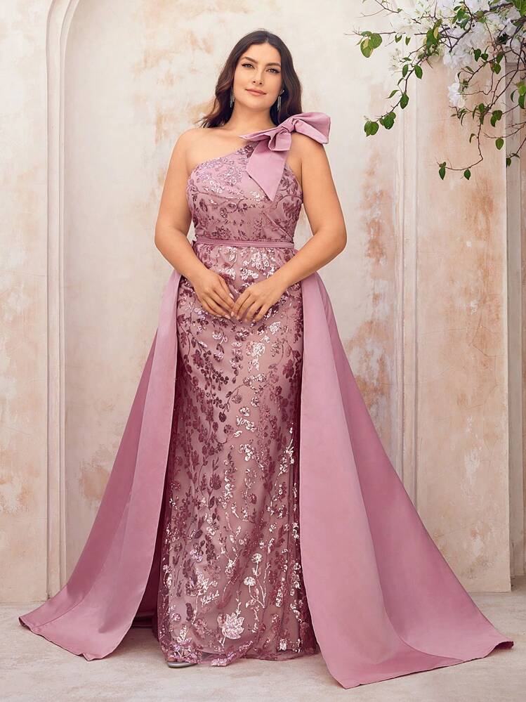 SHEIN X Izzy Darnell Glamrae 华丽亮片肩蝴蝶结连衣裙加大码晚礼服优雅正式舞会婚礼宾客礼服，适合毕业典礼、晚宴派对礼服 - 藕粉色 - 查看 2
