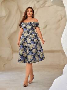 SHEIN Belle Plus Size Nữ Cao Cấp Vàng Lụa Màu Đàn Organ Dạ Nỉ Lệch Vai 3D Hoa Trang Trí Thanh Lịch Đầm Cocktail - Nhiều màu - Xem 1
