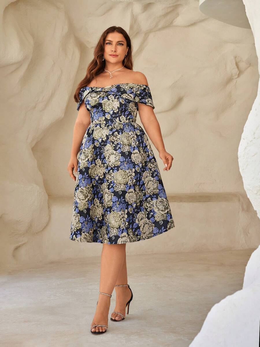 SHEIN Belle Plus Size Nữ Cao Cấp Vàng Lụa Màu Đàn Organ Dạ Nỉ Lệch Vai 3D Hoa Trang Trí Thanh Lịch Đầm Cocktail - Nhiều màu - Xem 1