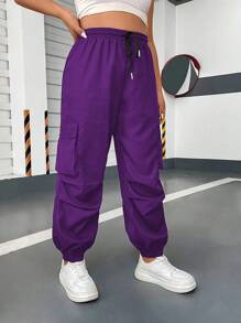 Flirla Pantalones de carga casuales de talla grande con cordón y bolsillos de unicolor - Morado - Ver 3