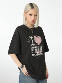 Coolane Women's Black Hand-Printed Oversized Cool Streetwear Top, Distressed And Washed, Summer T-Shirt - Black - View 3