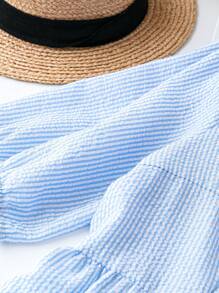 SHEIN LUNE Women's Plus Size Striped Notched V-Neck Short Puff Sleeve Casual Dress, Summer