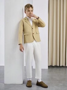 2 Stücke Set mit hübscher Khaki-Anzugjacke und weißer Hose für Tween Jungen, geeignet für Geburtstage, Hochzeitstage, Teenager, Business-Partys, Shows, Frühlings- und Herbst-Herren-Outfit