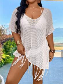 Breezaya Plus Size Sweater Dress With Tassel Hem And Side Split - White - View 4