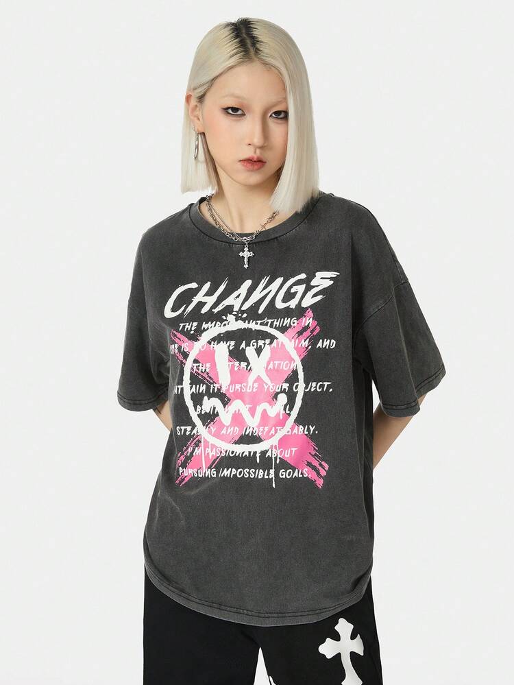 Women's Streetwear Casual Cotton Washed Black Over Size T Shirt