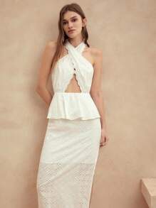 Anewsta Summer White Banquet Style Halter Neck Sexy Women's Dress - White - View 4
