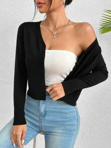 SHEIN PETITE Cárdigan con botones sólidos, suéter de punto para otoño/invierno - Negro - Ver 3