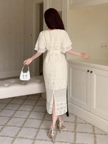 DAZY Femei Eleganta Maneca Scurta Scobit Rochie Solid Color Rochie Bal Rochie Sundress - Bej - Vizualizare 5
