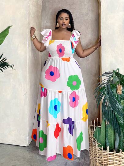 Slaydiva Vestido estampado de escote cuadrado de talla grande para vacaciones y tiempo libre, para verano