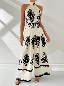 Firerie Mono de pierna ancha con estilo vacacional para mujer con impresión en toda la pieza, cuello halter y bolsillos inclinados para el verano