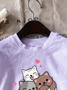 SHEIN LMoss Kids Áo thun cổ tròn tay ngắn in hình mèo hoạt hình đơn giản và vui nhộn Tween Girl, thích hợp cho mùa xuân hè - Màu tím - Xem 3