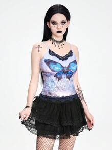 ROMWE Grunge Punk 性感简约性感蕾丝吊带背心，不对称下摆，蝴蝶和风景印花，女士领结装饰