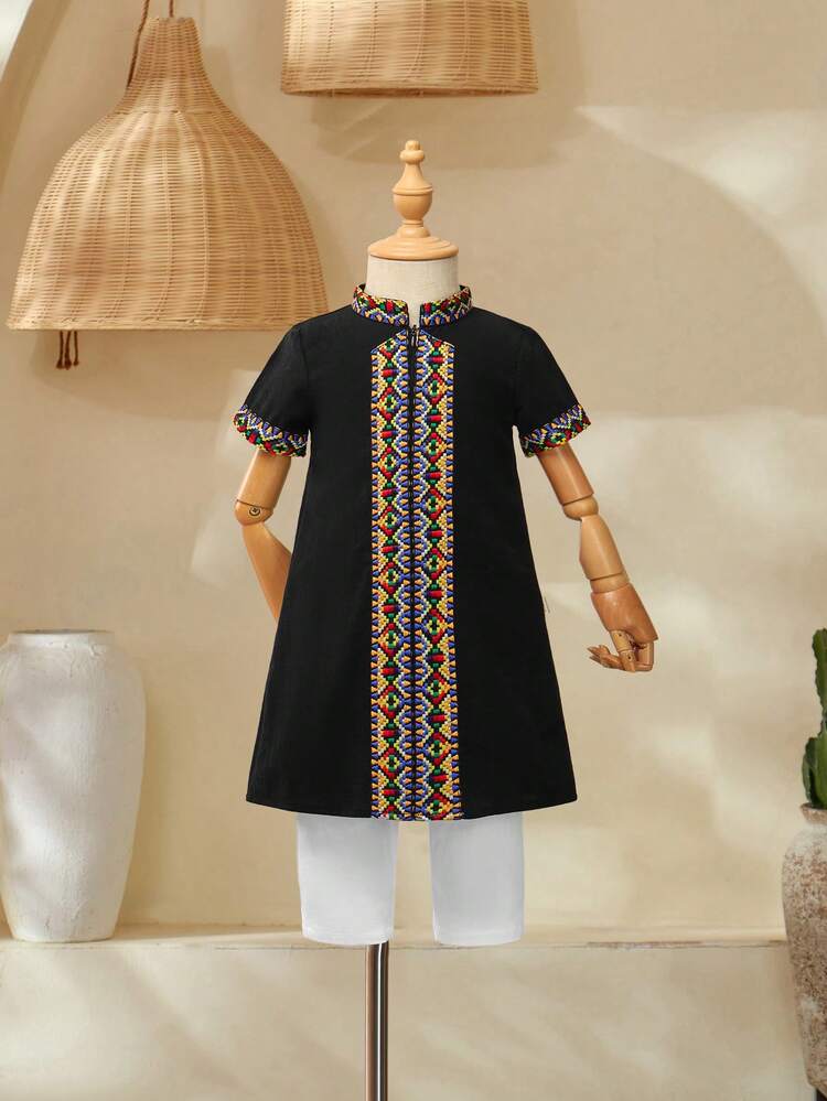 Fashionable Artistic Design Stand Collar Short Sleeve Long Shirt And Solid Color Pants Set For Baby Boys, Palace Style