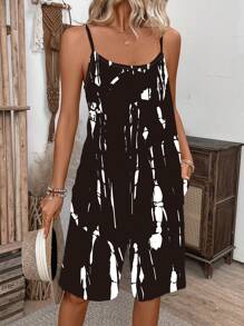 SHEIN LUNE Women's Vacation/Leisure Random Printed Spaghetti Strap Jumpsuit - Black - View 3
