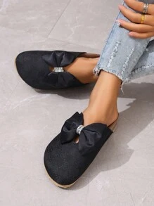 Fall/Winter Striped Head Wrap Flat Slide Sandals, Round Toe With Tassel Buckle Closure, Women Valentines,Mule - Black - View 4