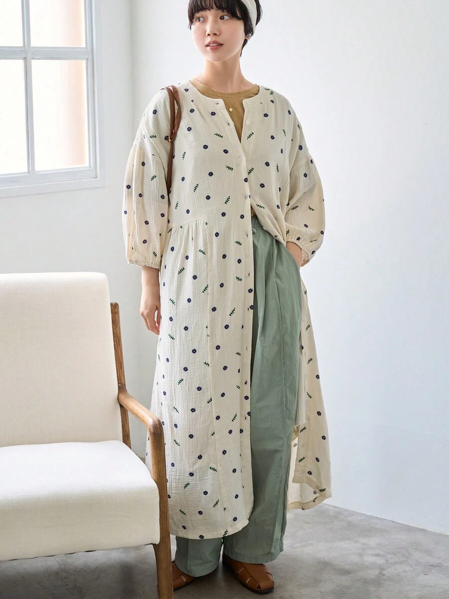 Đầm dài tay in hoa thời trang cho nữ - Màu be - Xem 1