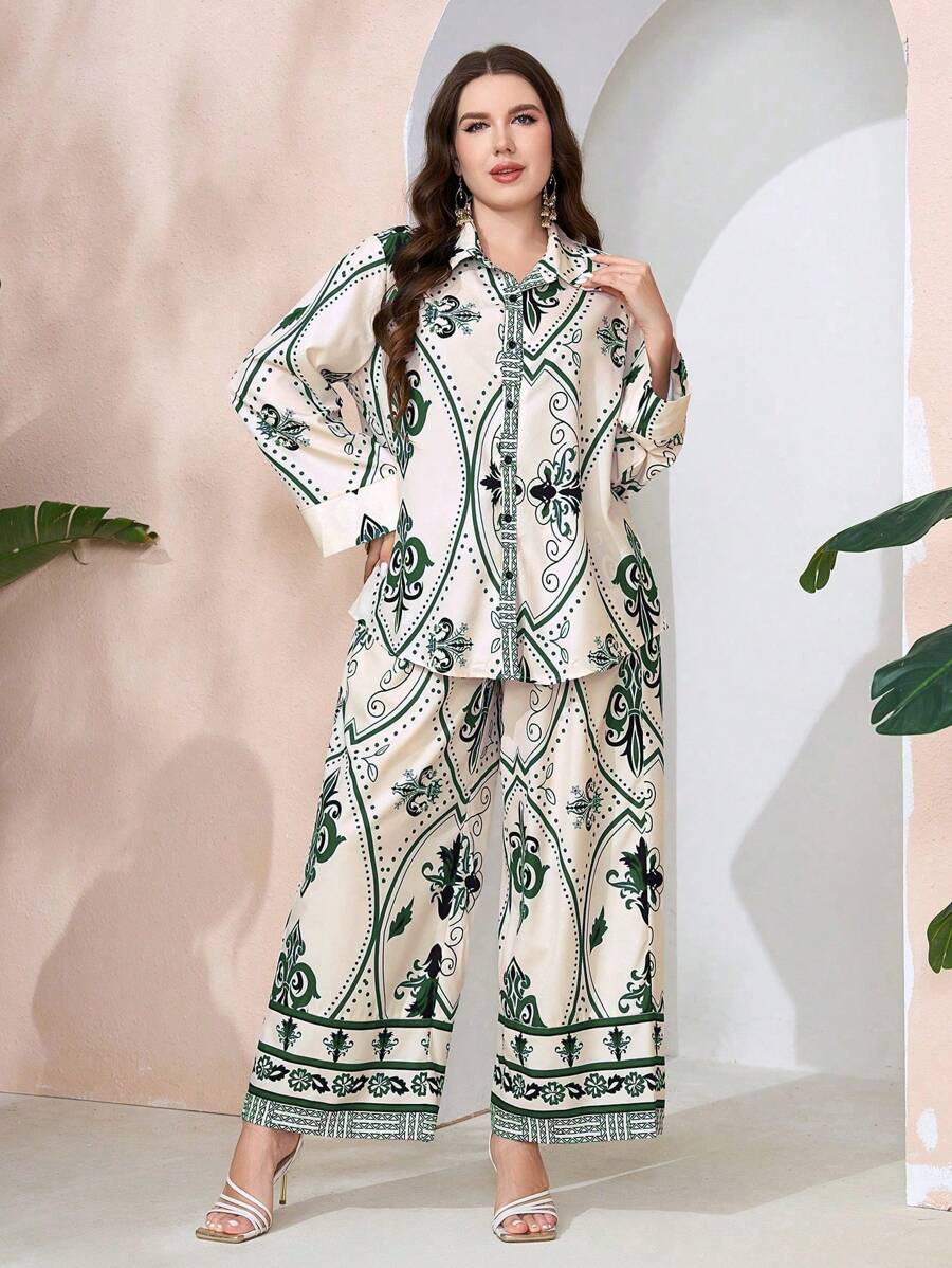 Mulvari 大尺碼隨機印花領口單排扣長袖上衣和褲子，休閒兩件套裝