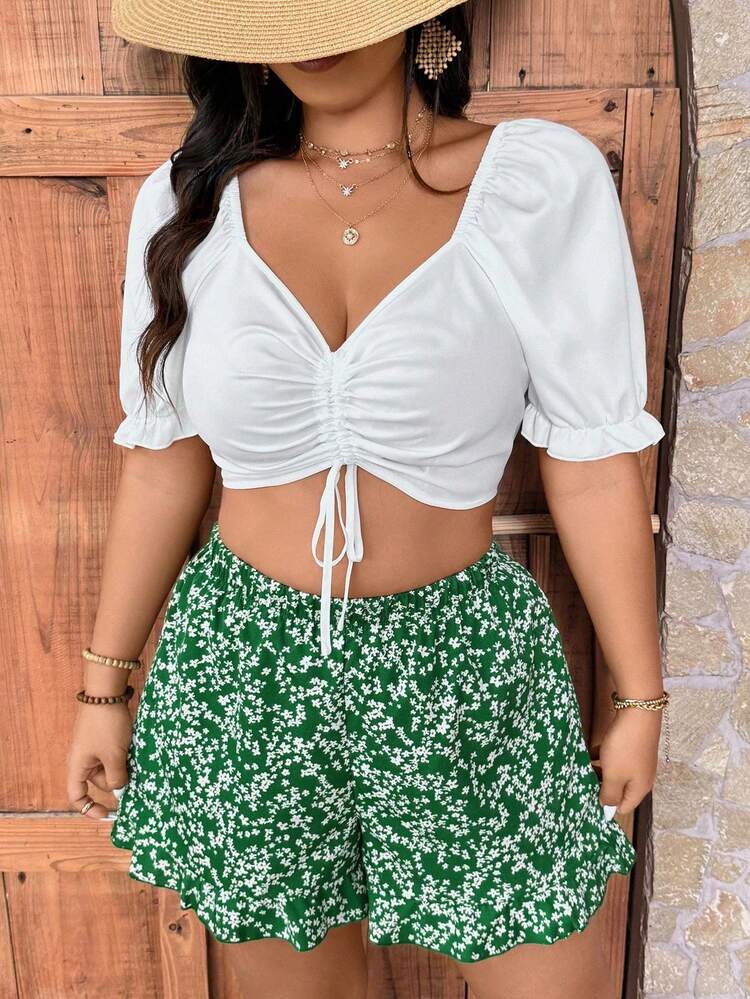 Plus Size Women Solid Color Drawstring Crop Top + Floral Ruffle Hem Shorts Set For Summer