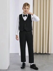 SHEIN 3pcs Black Bowtie, Lapel Waistcoat And Pants Gentleman Suit Set, Suitable For Birthday Party, Banquet, Wedding