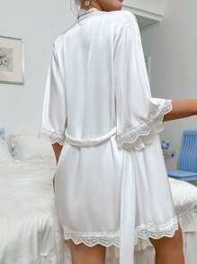 Crystal Vow Women's Solid Color Lace Patchwork Sleepwear Set Pajama Set, Including Camisole And Robe White Set - White - View 2