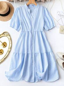 SHEIN LUNE Women's Plus Size Striped Notched V-Neck Short Puff Sleeve Casual Dress, Summer