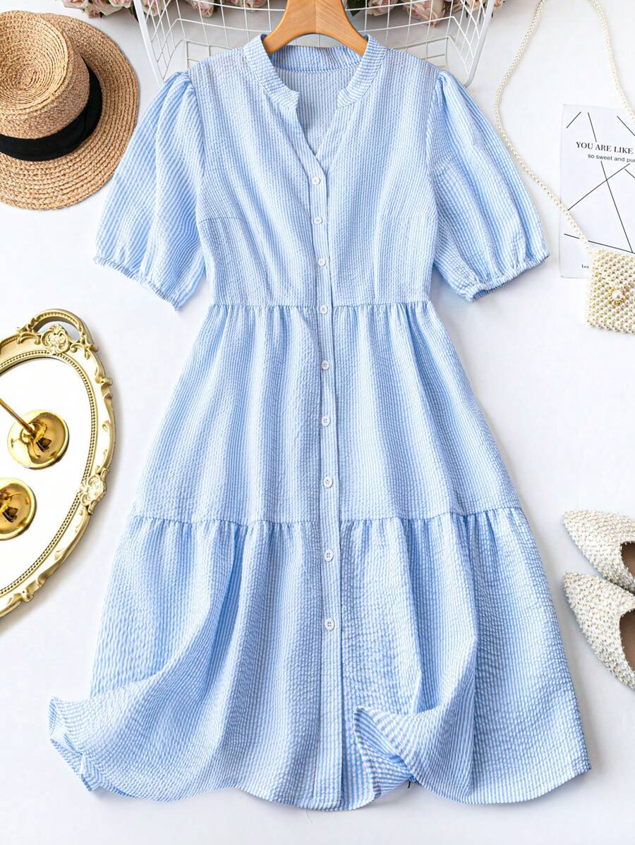 SHEIN LUNE Women's Plus Size Striped Notched V-Neck Short Puff Sleeve Casual Dress, Summer