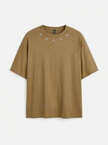 Manfinity VCAY Camiseta de hombre de manga corta tejida holgada con parches, adecuada para un estilo de verano rebelde y vanguardista
