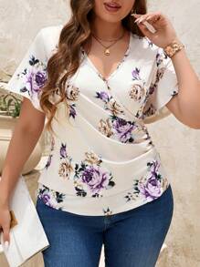SHEIN Clasi VLing Camiseta de manga corta elegante de talla grande con estampado floral y pliegues, verano