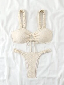 SHEIN Swim Bộ bikini xẻ cao có nút hoa phía trước dành cho nữ, hoàn hảo cho kỳ nghỉ ở bãi biển mùa hè - Màu be - Xem 1