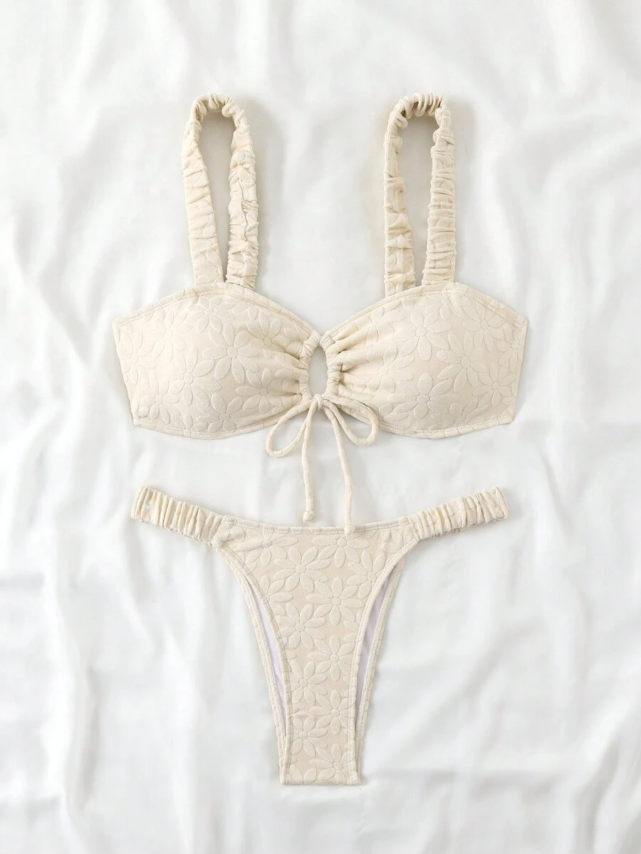 SHEIN Swim Bộ bikini xẻ cao có nút hoa phía trước dành cho nữ, hoàn hảo cho kỳ nghỉ ở bãi biển mùa hè - Màu be - Xem 1