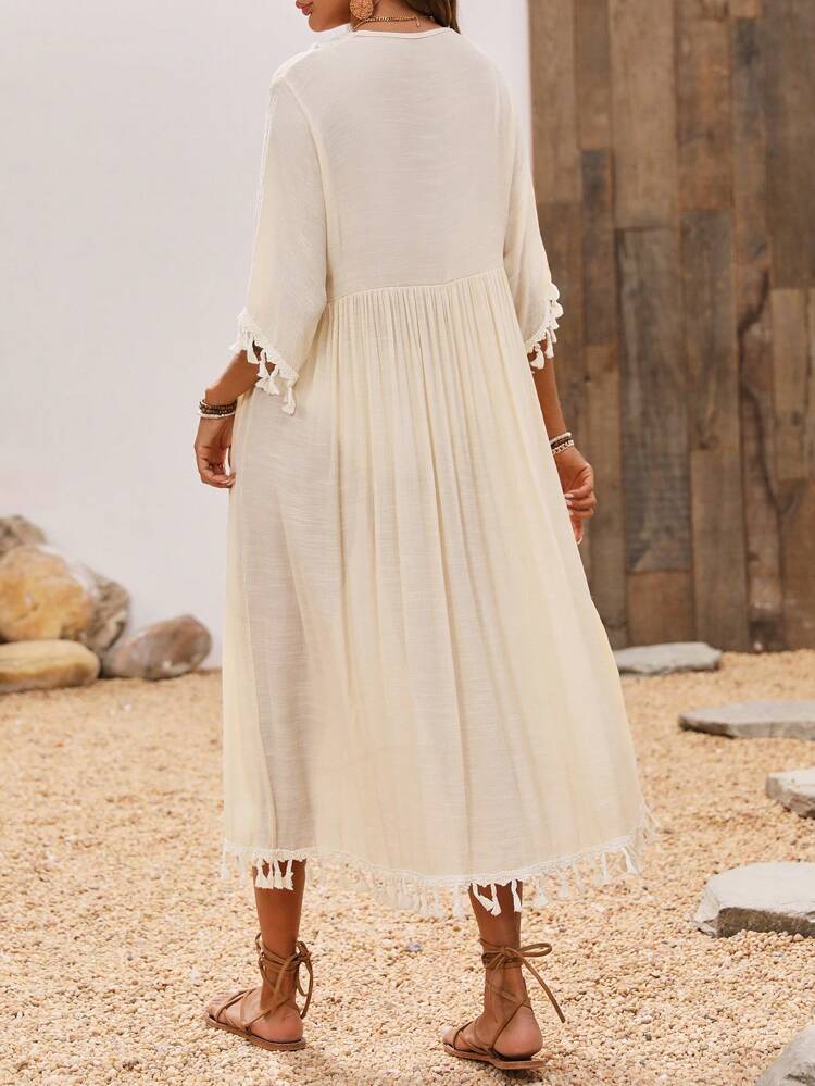 Women's Embroidered Tassel Tie Neck Loose Summer Beach Dress