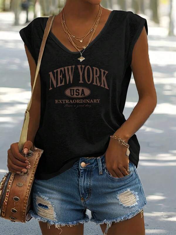 EMERY ROSE New York Casual Letter Print V-hals Tanktop, Geschikt Voor Zomer V-hals Topszwarte Top Damestshirts Voor Vrouwen Casual