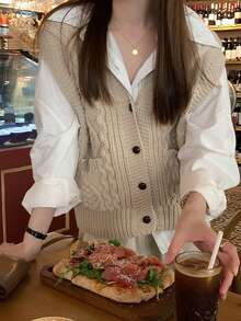 Solid Color Front Button Decor Pocket Textured Knit Cardigan Vest - Apricot - View 4