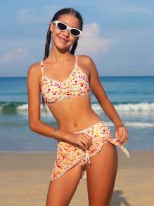 Tween Girl Printed Bikini Set With Beach Skirt Summer Beach - Multicolor - View 1