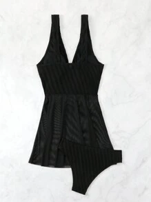 SHEIN Swim Women Mesh Splice V-Neck Summer Beach Fashionable Vacation Tankini Swimwear Set - Black - View 2