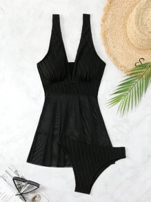 SHEIN Swim Women Mesh Splice V-Neck Summer Beach Fashionable Vacation Tankini Swimwear Set - Black - View 5