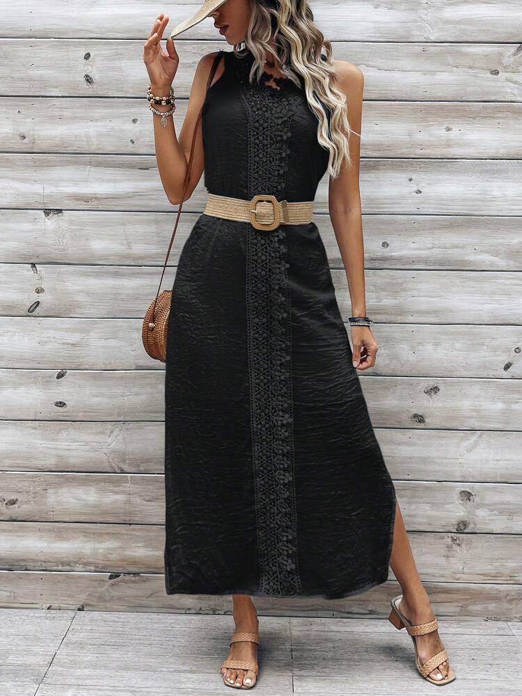 Women's Casual Vacation Sleeveless Dress With Floral Lace Patchwork And Side Slit Hemline