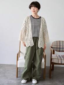 FRIFUL Women's Solid Color Simple Everyday Openwork Cardigan,Short Sleeve Tops Sheer - Apricot - View 2