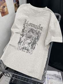 女士夏季新款字母骷髅印花宽松休闲圆领柔软 T 恤 - 淺灰色 - 查看 3