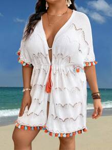 SHEIN Clasi Plus Size Colorful Tassel & Hollow Out Knitted Cardigan - White - View 4