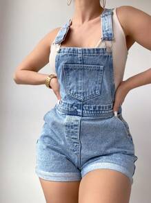 SHEIN PETITE 女款夏季休閒牛仔吊帶褲，適合嬌小女性 - 淺色水洗藍 - 查看 1