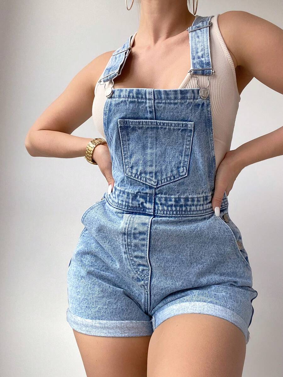SHEIN PETITE 女款夏季休閒牛仔吊帶褲,適合嬌小女性 - 淺色水洗藍 - 查看 1